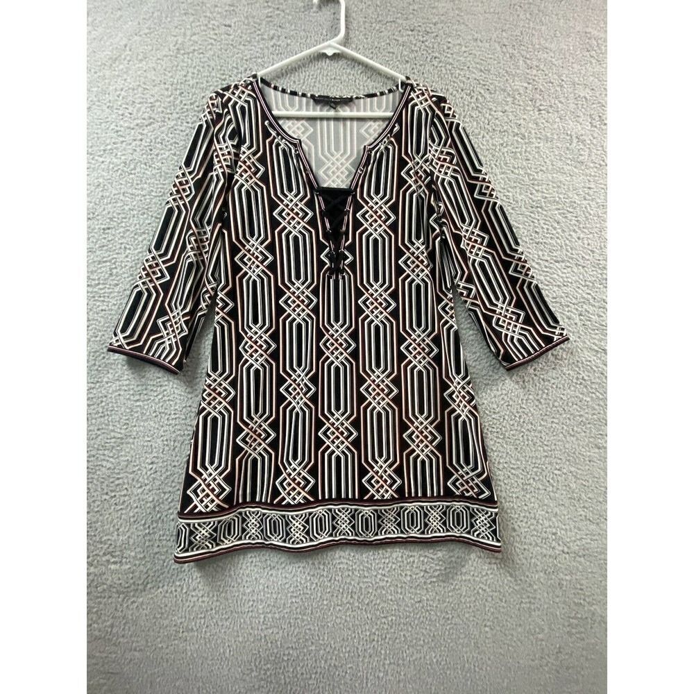 WHITE HOUSE BLACK MARKET Shirt Blouse Tunic Womens Medium Black Beige 3/4 Sleeve